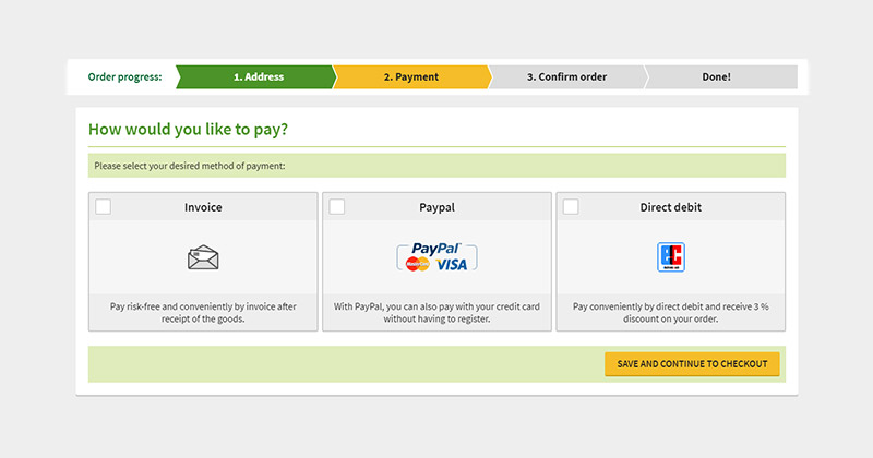 Pay by invoice, PayPal/credit card, or direct debit