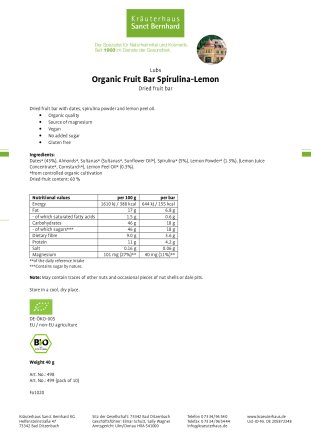Organic fruit bar spirulina-lemon pack of 10 400 g