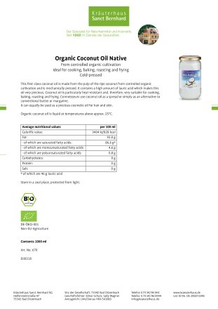 Organic Coconut Oil 1000 ml cold pressed