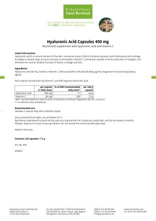 Hyaluronic Acid Capsules 400 mg 120 capsules